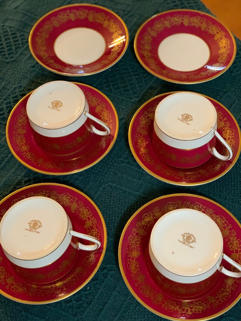Rare Coalport HAZELTON Bone China MAROON W Gilt Grapes Leaves GILT Trim 4 Tea Cups & 6 Saucers