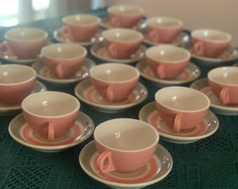 Shenango China MCM Restaurant Ware Pink Gray Banded Espresso Cup & Saucer Set