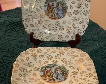Set of 9 Atlas Fine China Warranted 22K Gold Colonial Courting Couple Plate Dish