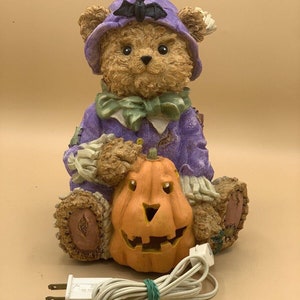 Vintage 9.5’’ Halloween Bear w/bat on Hat Holding Light Up Pumpkin