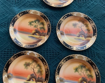 Noritake Nippon Japan Handpainted  Set Of 5 Dessert Plate Scene Black Gold