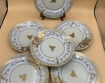 Moriyama Mori-Machi Salad Plate Hand Painted Gold Made In Japan~Antique Set Of 6