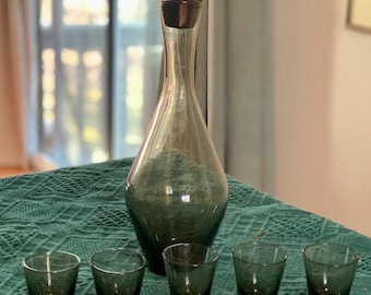 Mid Century Modern Decanter Cocktail Set Smoked Glass ~ 5 Cordial Glasses ~ MCM