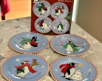Sakura Stephanie Stouffer Holiday Pengiuns Set of 4 Stoneware Salad Plates