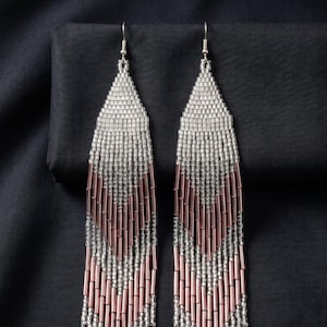 Silver Rose Gold Fringe Earrings, Extra Long Beaded Statement Earrings, Metallic Dangle Earrings, Handmade Seed Bead Jewelry