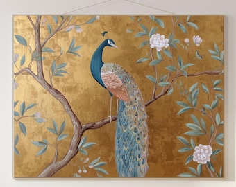 Vintage Pfau Chinoiserie Wandkunst | Vogel Druck | Großes Von der Natur inspiriertes Wohnzimmer Kunstwerk
