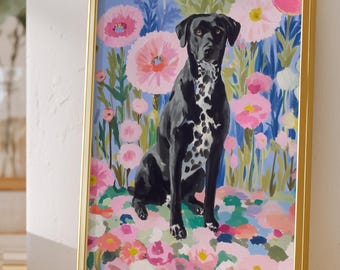 Labrador Dog Portrait Art, Floral Dog Lover Gift