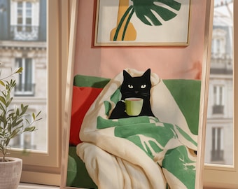 Gemütliche Kitty & Kaffee Moment | Lustiges Katzen Poster | Skurrile Retro-Wand-Dekor