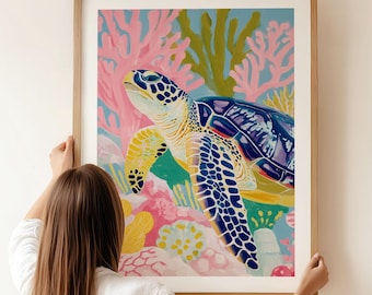 Sea Turtle Art Print, Colorful Dopamine Ocean Wall Art, Tropical Vibes