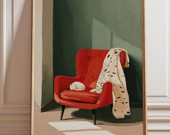 Vintage Kunstdruck Weiße Katze, Vintage Sessel, Gemütliches Wohndekor
