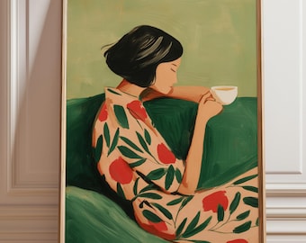 Frau Kaffee Kunstdruck, Blumenbild, ruhig, Vintage Wanddekoration