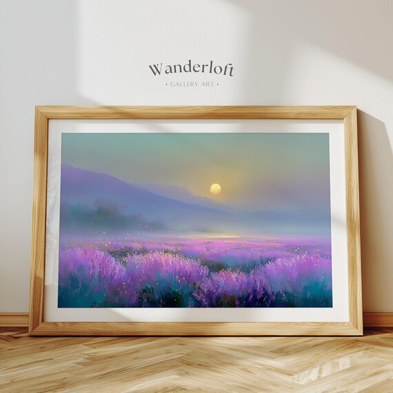 Impressionist Lavender Field Art, Full Moon Peaceful Bedroom Wall Print