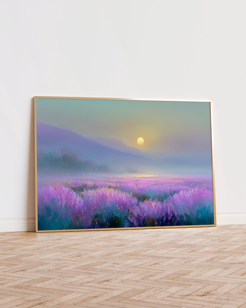 Moonlit Lavender Fields Print | Etherial Art | Peaceful Bedroom Wall Art image 1