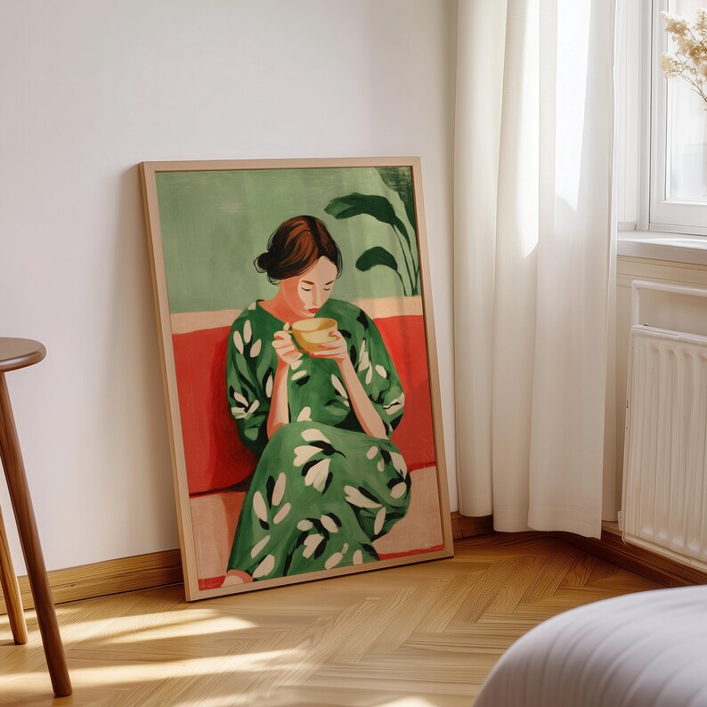 Vintage Asian Woman With Tea | Sage Green Wall Art Print | the Present ...