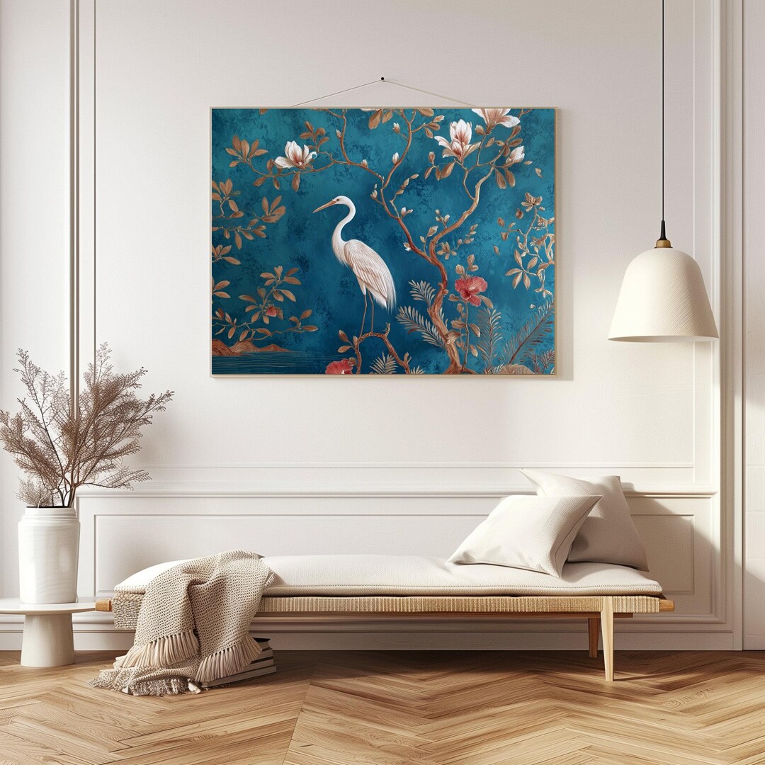 White Heron Chinoiserie Art | Vintage Bird Coastal Wall Decor (art ...