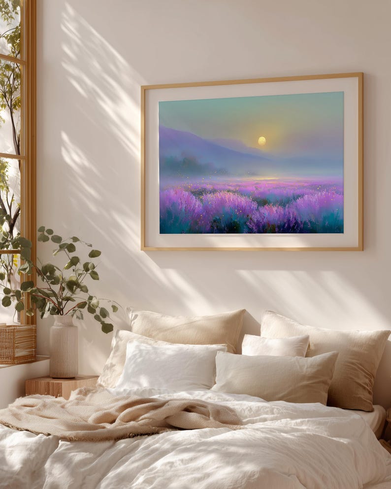 Moonlit Lavender Fields Print | Etherial Art | Peaceful Bedroom Wall Art image 3