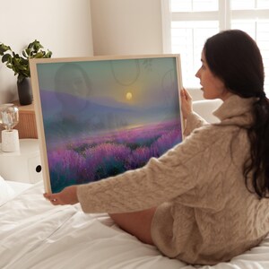 Moonlit Lavender Fields Print | Etherial Art | Peaceful Bedroom Wall Art image 2