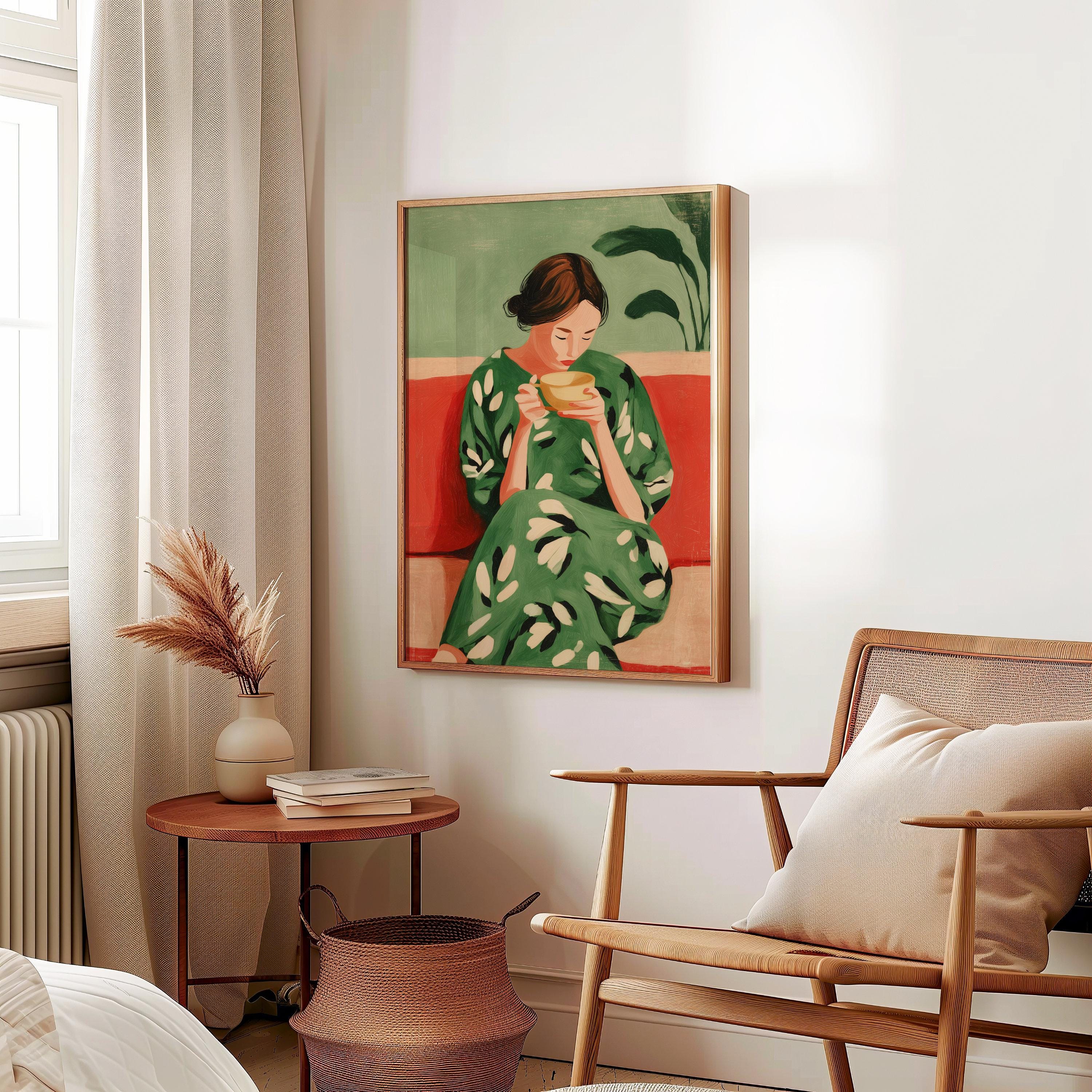 Vintage Asian Woman With Tea | Sage Green Wall Art Print | the Present ...