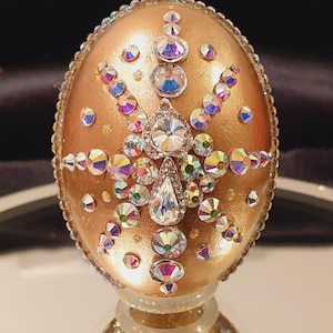 Christmas jewelled gold ornament | Hand-decorated wooden egg sparkling with crystals, iridescent rhinestones, holographic glitter