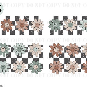 May include: Four digital clipart images of smiling flower faces on a black and white checkered background. The flowers are in shades of brown, beige, and green.