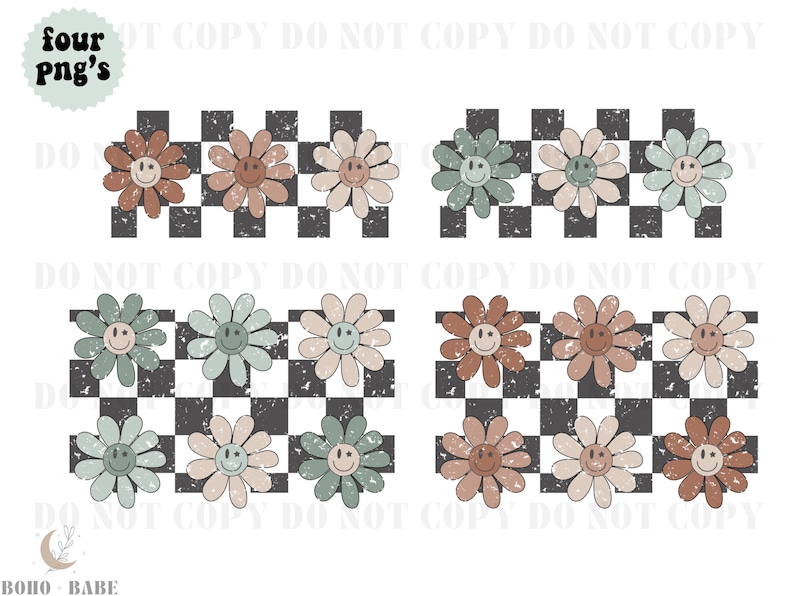 May include: Four digital clipart images of smiling flower faces on a black and white checkered background. The flowers are in shades of brown, beige, and green.