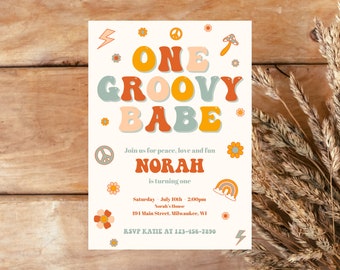 Editable One Groovy Babe Birthday Invitation, First Birthday Invite, Baby’s First Birthday. Groovy Baby. Retro Birthday. Customizable.