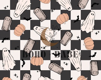 Puede incluir: Un patrón de Halloween con calabazas, fantasmas, lápidas, murciélagos y estrellas sobre un fondo a cuadros blanco y negro. El texto "BOHO + BABE" está en el centro. El diseño es en tonos beige, naranja y negro.