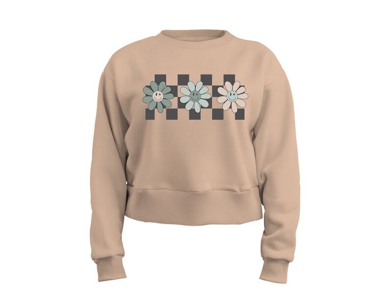 May include: A beige cropped sweatshirt with a black and white checkered pattern and three pastel green and blue flowers with smiley faces.