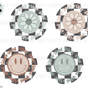 Flower Checkerboard PNG. Distressed Groovy PNG. Smiley Flower PNG. Retro png.