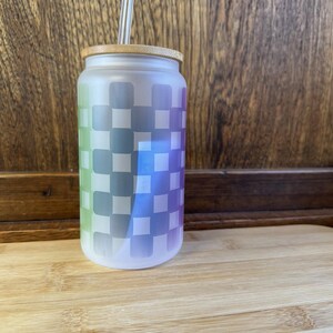 Colorful checkered print Coffee Cup, Glass Can, Cup with lid, Cup with Straw, Reusable Straw, Bamboo Lid