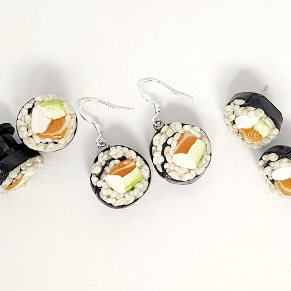 Sushi Roll Earrings with Salmon, Avacado and Cream cheese wrapped in rice and seaweed! Available as studs, dangles or plugs. Polymer Clay