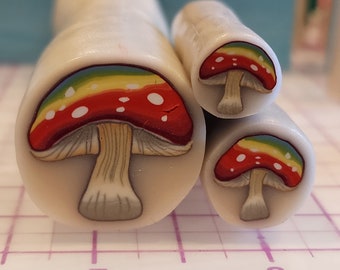 Raw Polymer Clay Cane - Rainbow to Red Mushroom with white dots packed in translucent polymer clay