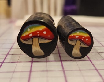 Raw Polymer Clay Cane - Rainbow to Red Mushroom with white dots packed in black polymer clay