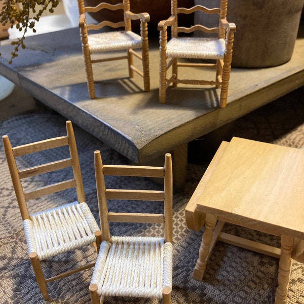 Vintage 1980 Shaker Ladderback Arm Chairs and Drop Leaf Reproduction Dollhouse Furniture