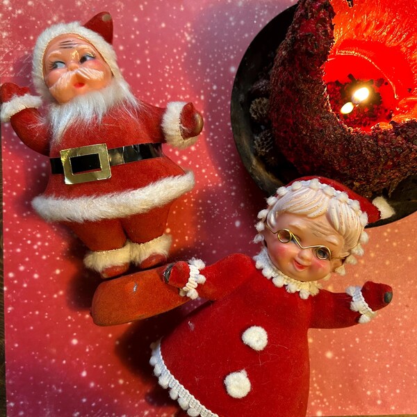 Vintage 1960s Flocked Waving Santa and Wife