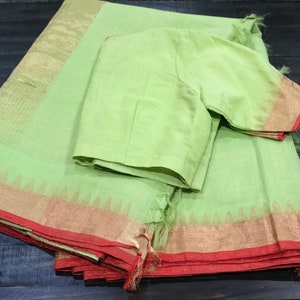 Parrot green Ponduru khadi saree with zari borders