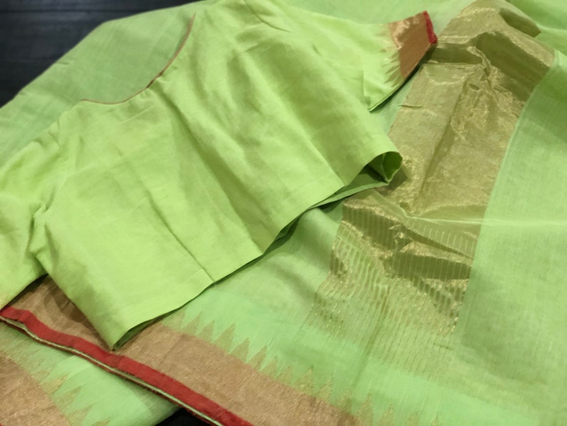 Soft Khadi Saree , temple border - Parrot green x blue