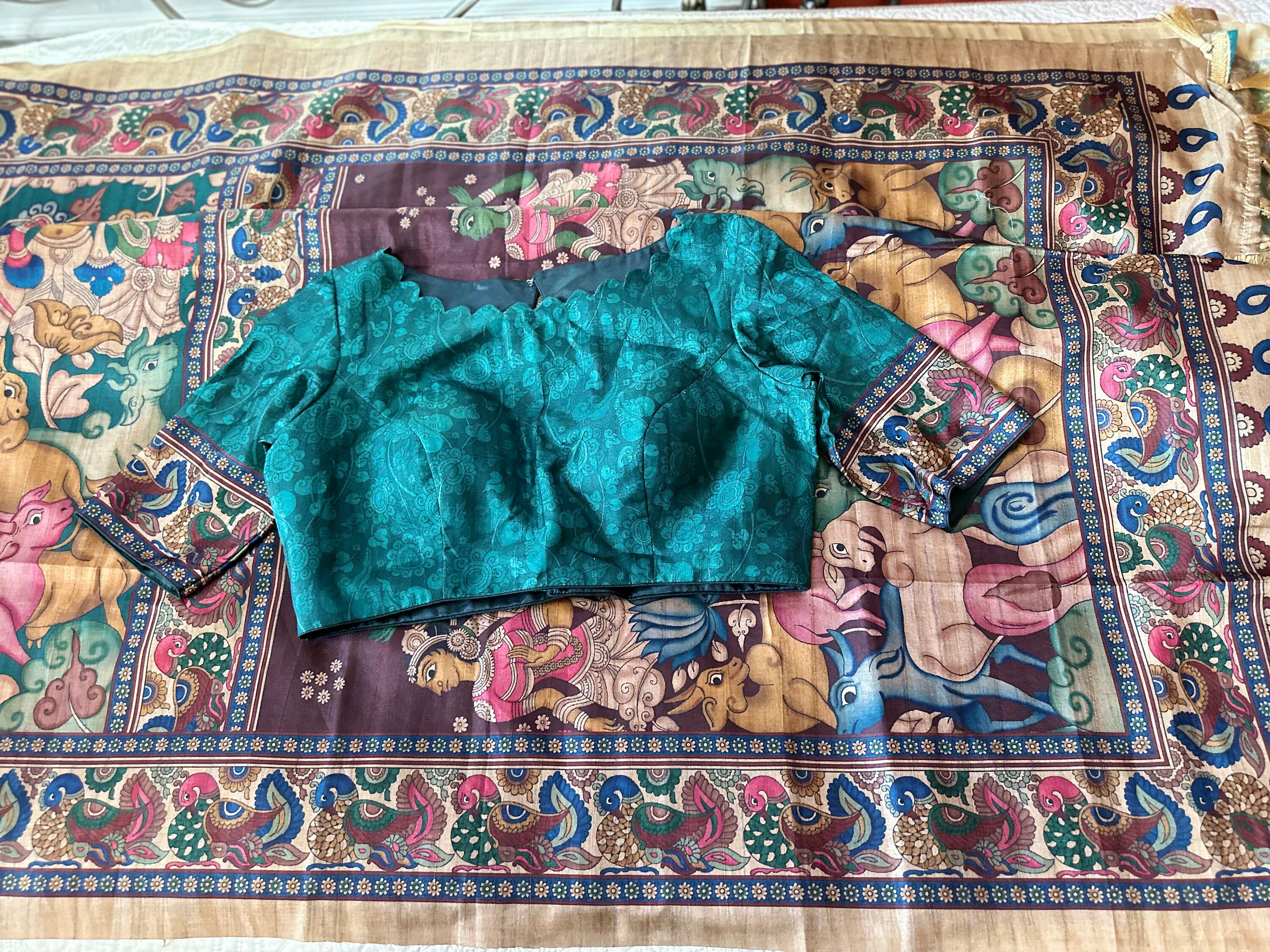 Green Kalamkari Printed Tussar Salwar Set main image 0