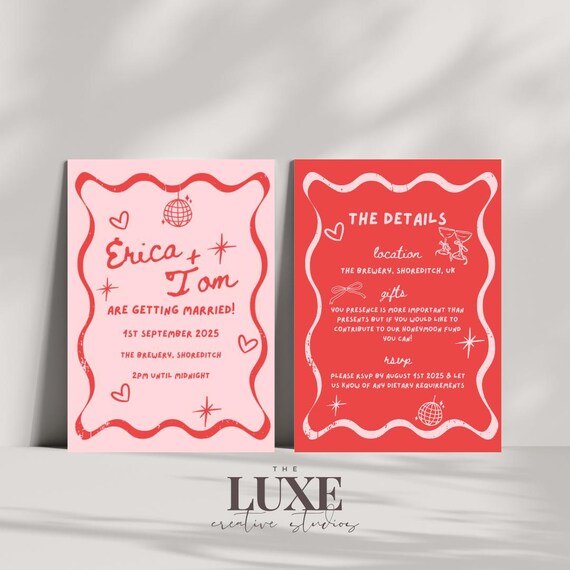 Editable Wedding Invite Template – Instant Download, Customisable in Canva, Modern & Stylish, Pink, Cool Vibe, Retro, Disco