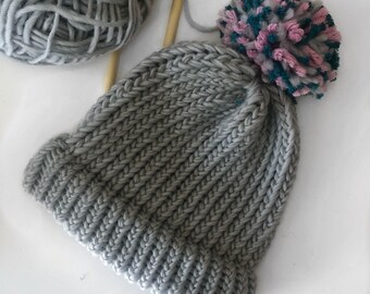 Grey Hand Knitted Hat with Pom Pom