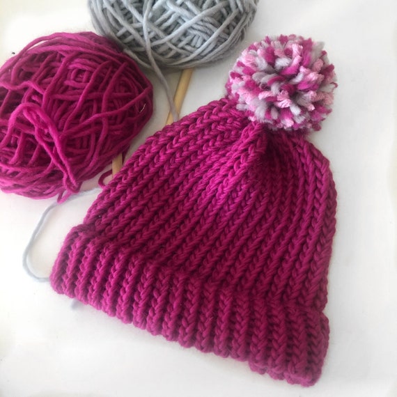 Hot Pink Hand Knitted Hat With Pom Pom 