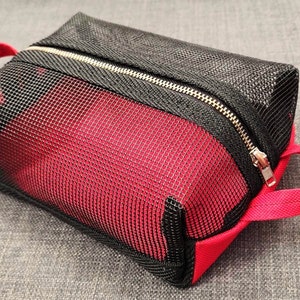 Toiletry bag with vinyl mesh top Handmade from recycled materials Upcycled gear bag