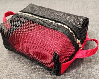 Toiletry bag with vinyl mesh top Handmade from recycled materials Upcycled gear bag