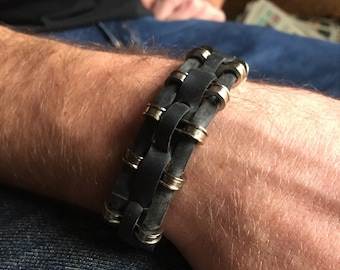 Eslabones de cadena de bicicleta en pulsera tejida con cámara de aire, joyería hecha a mano en caja de regalo de marca.