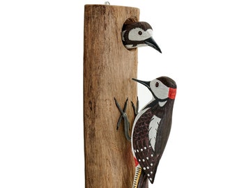 Double Spotted woodpecker on half driftwood  30cm , Christmas, Birthday, love you, Get well, New home, Mothers day gift.