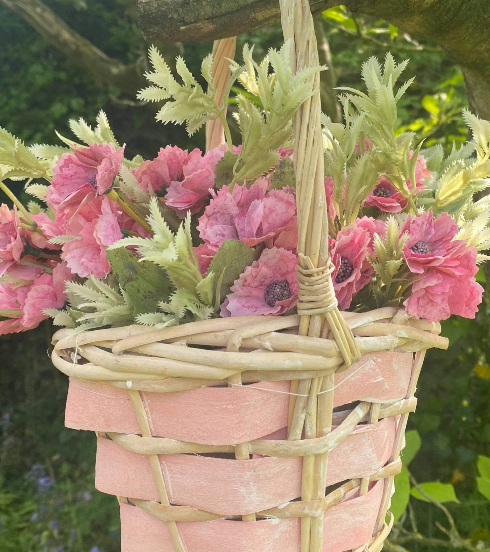 Pink wicker basket with dark pink flowers Etsy