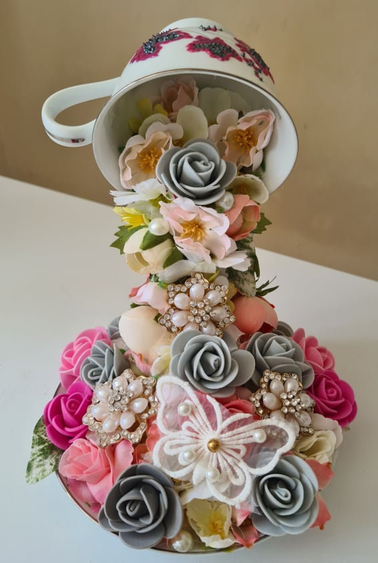 Decoupage grey and pink overflowing tea cup Etsy