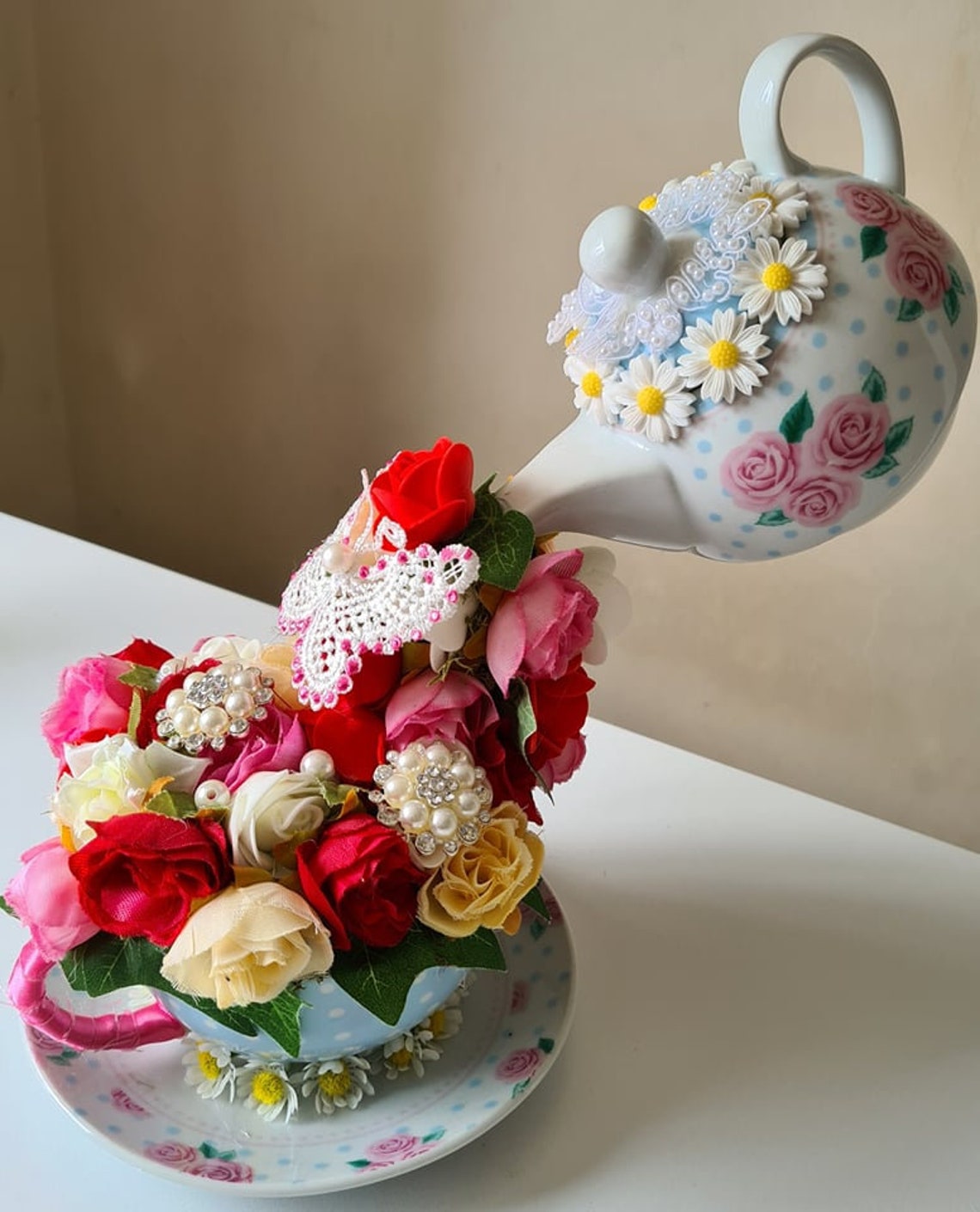 Floating tea pot with assorted flowers Etsy