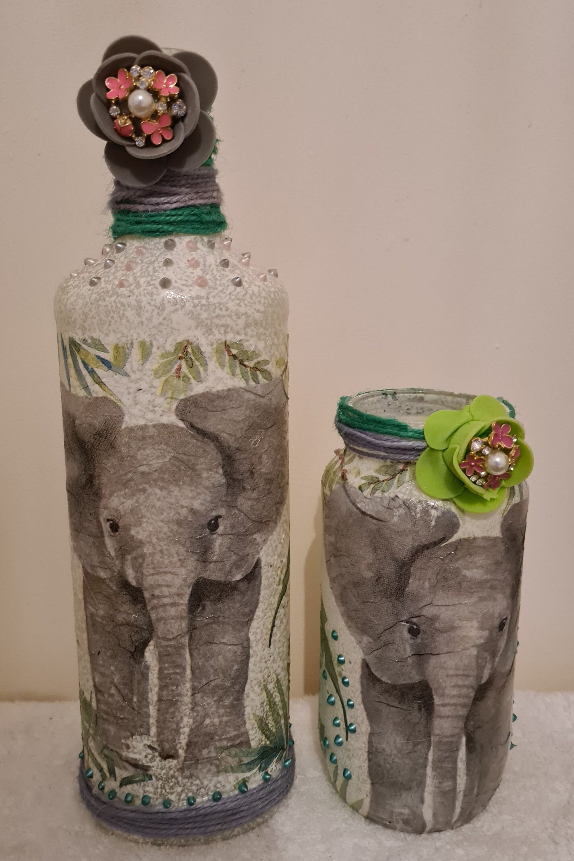 Decoupage Elephant bottle with light and jam jar Etsy