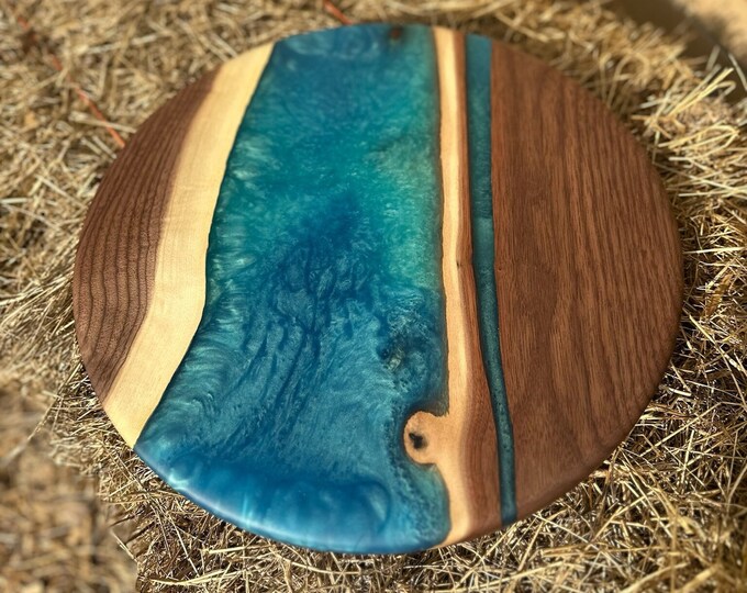 Blue and Teal Epoxy & Walnut Lazy Susan